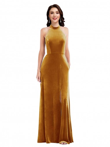 High Neck Long Stretch Velvet Gold Sleeveless Semi Formal Evening Dress / Prom Dress / Bridesmaid Dress Essex