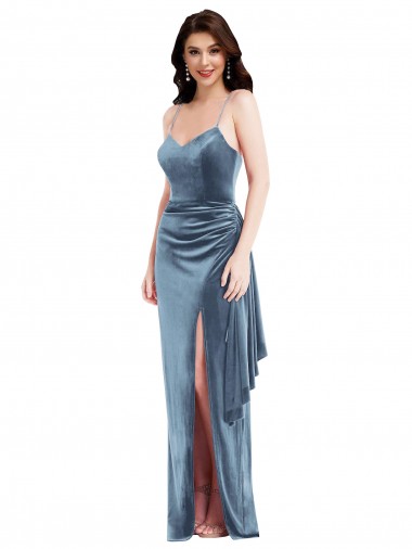 Sweetheart Long Stretch Velvet Dusty Blue Sleeveless Formal Evening Gown / Prom Dress / Bridesmaid Dress Essex