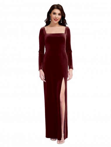 Square Neck Long Stretch Velvet Burgundy Long Sleeves Prom Dress / Bridesmaid Dress Essex