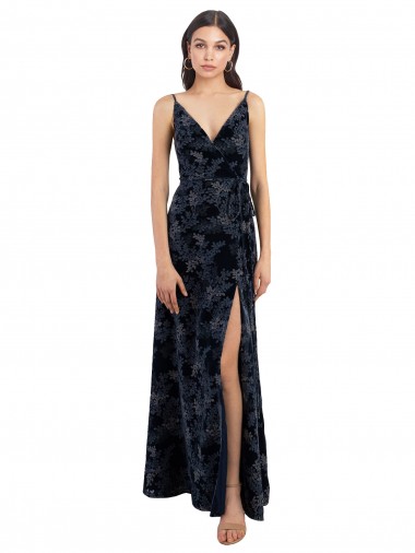 V-Neck Long Floral Velvet & Stretch Velvet Dark Navy Sleeveless Bridesmaid Dress Essex