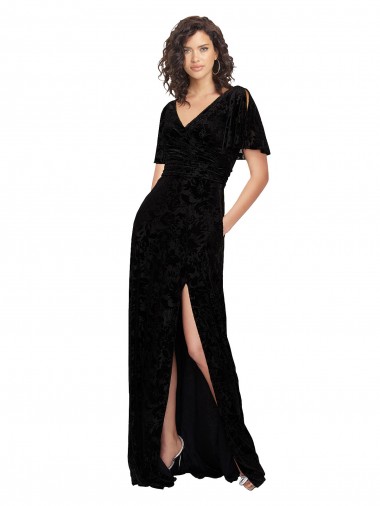 V-Neck Long Floral Velvet & Stretch Velvet Black Short Split Sleeves Bridesmaid Dress Essex