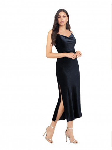 Cowl Neck Midi Length Stretch Velvet Dark Navy Sleeveless Formal Evening Gown / Prom Dress / Bridesmaid Dress Essex