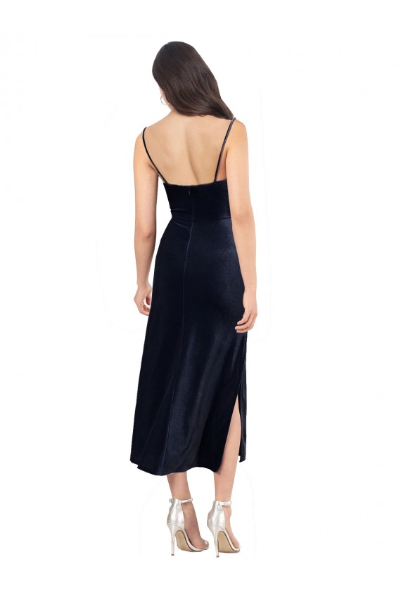 Cowl Neck Midi Length Stretch Velvet Dark Navy Sleeveless Formal Evening Gown / Prom Dress / Bridesmaid Dress Essex