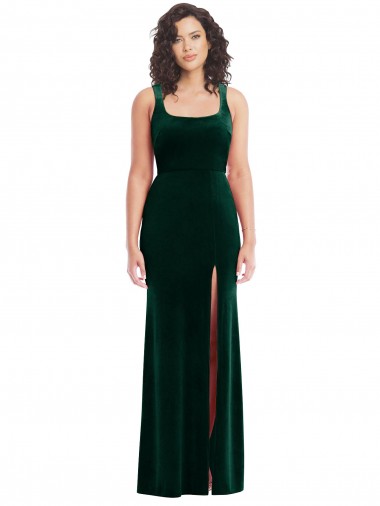 Square Neck Long Stretch Velvet Dark Green Sleeveless Semi Formal Evening Dress / Prom Dress / Bridesmaid Dress Essex