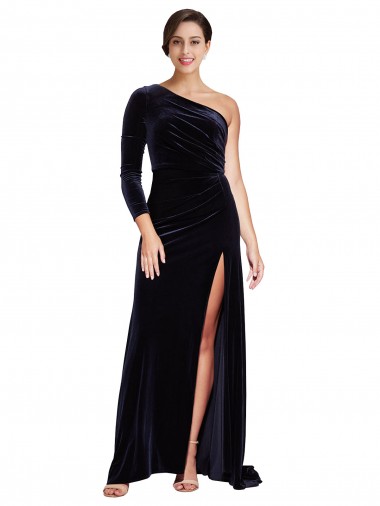 One Shoulder Sweep Train Stretch Velvet Dark Navy Long Sleeves Formal Evening Gown / Prom Dress / Bridesmaid Dress Essex